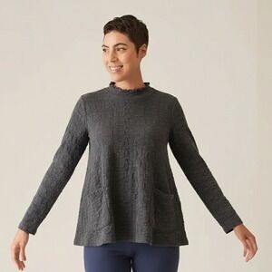 Cut Loose Textured Mock Neck Tunic Top Long Sleeve Gray Pockets Women
